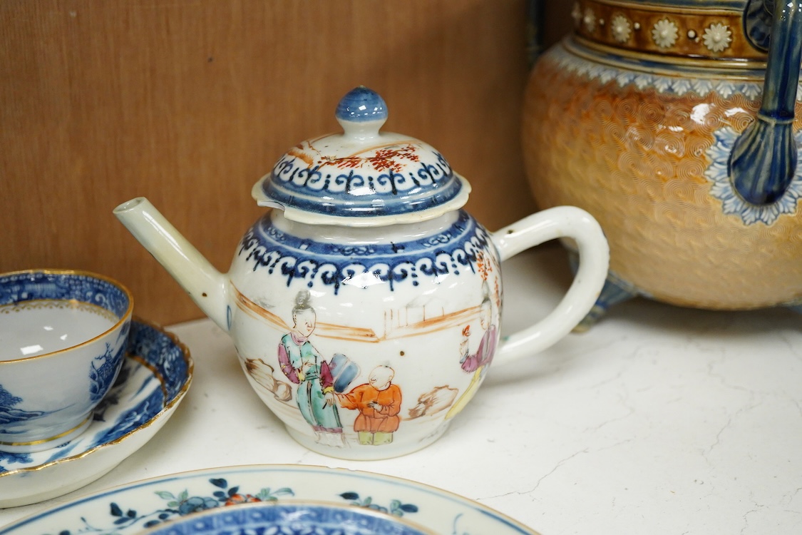 A Chinese Kangxi doucai plate, a group of 18th century Chinese porcelain tea wares and a porcelain bottle probably Korean 19th century, teapot - 15cm high